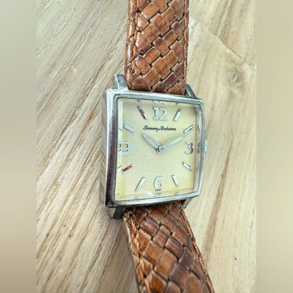 Tommy Bahama ladies square 925 silver brown leather Swiss watch NEW BATTERY